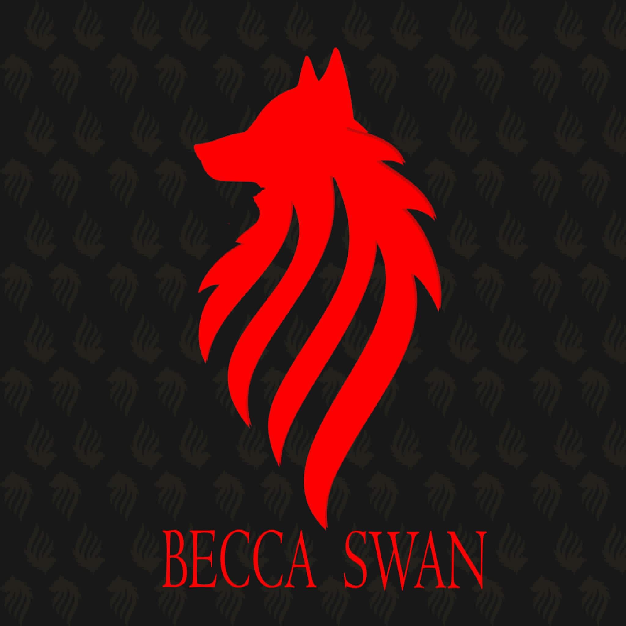 Becca Swan red wolf logo on a dark patterned background.
